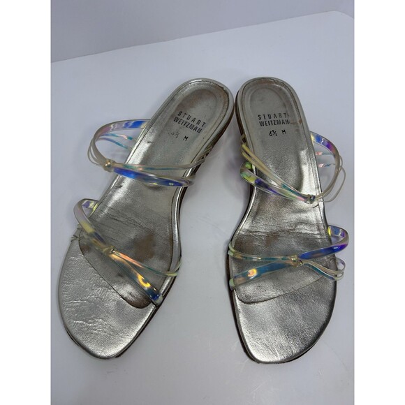 Stuart Weitzman Women’s 6 1/2 Gold Colored Hologram Sandals Gold Strap Heel - Picture 4 of 8